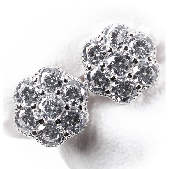Men's Brilliant White Gold 925 Sterling Silver Iced Cz Flower Cluster Earrings - Picture 1 of 6